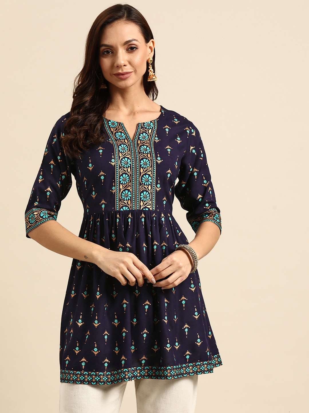 

GERUA Women Navy Blue & Copper Ethnic Motifs Printed Pleated Kurti
