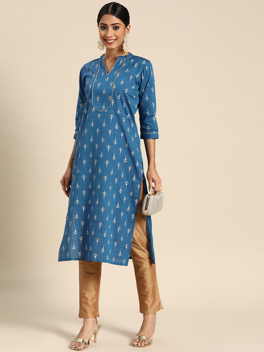 

Gerua By Libas Women Blue Golden Ethnic Motifs Printed Kurta