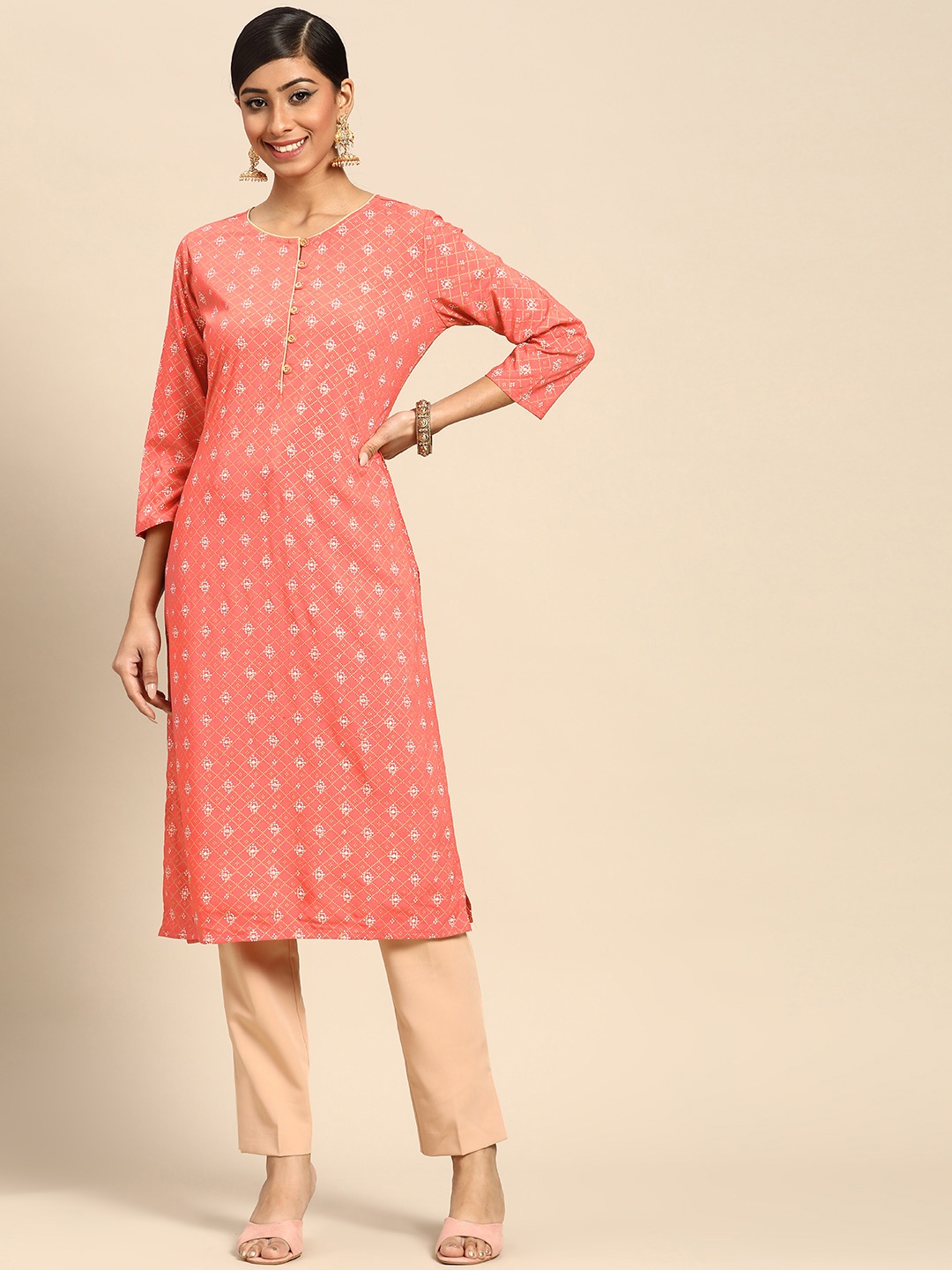 

Gerua By Libas Women Peach-Coloured Golden Ethnic Motifs Printed Kurta