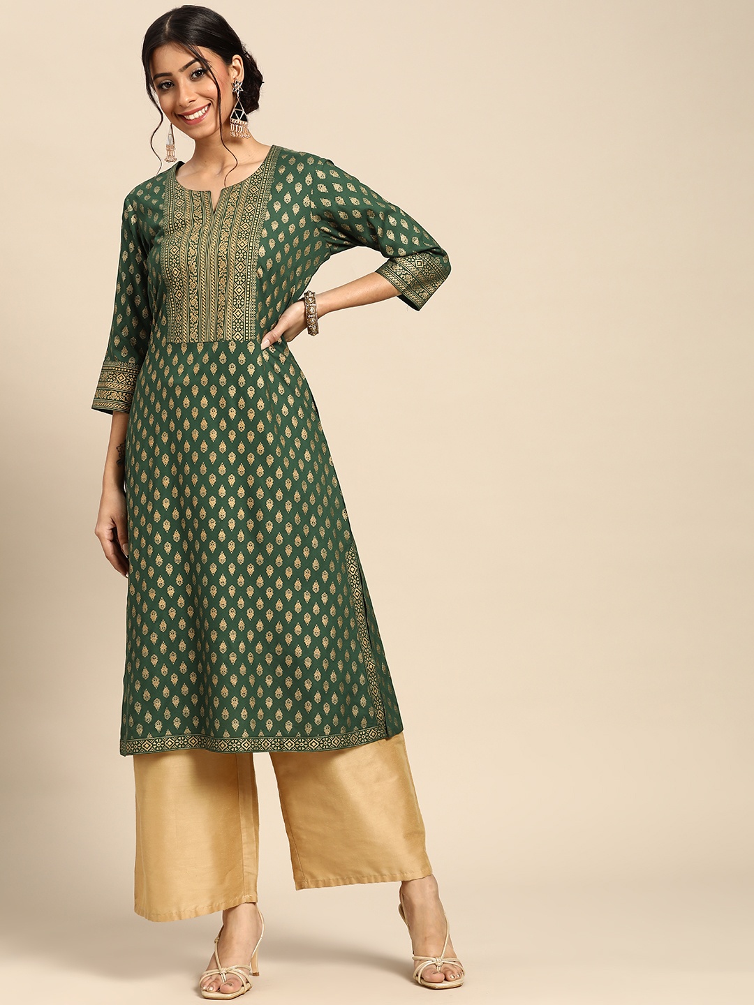 

Gerua By Libas Women Green Golden Ethnic Motifs Printed Kurta