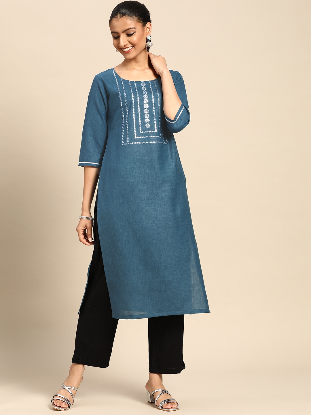 

Gerua By Libas Women Blue Yoke Design Mirror Work Kurta