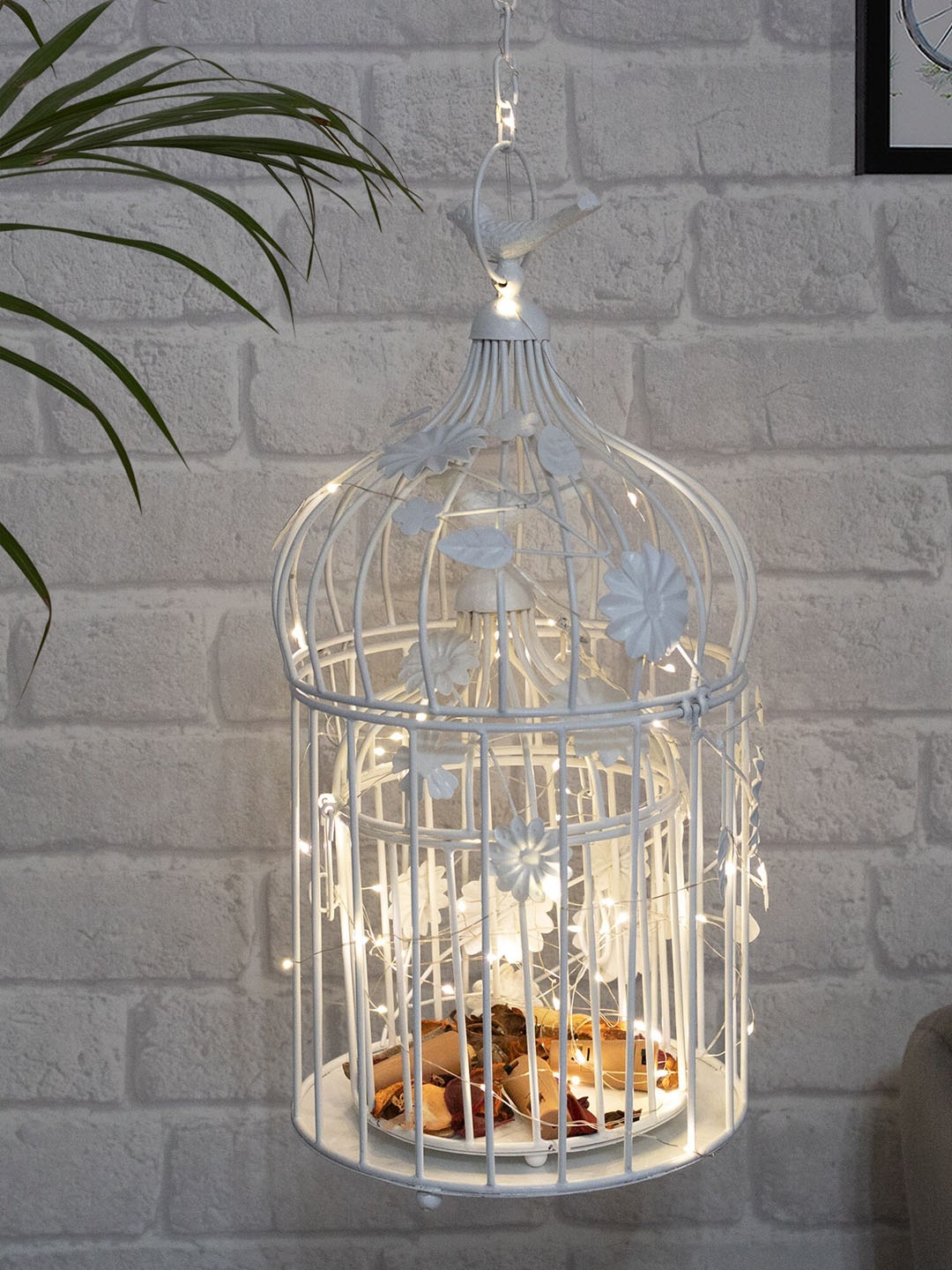 

Homesake Set Of 2 White Textured Bird Cage With Hanging Chain & Cork String Light Showpiece