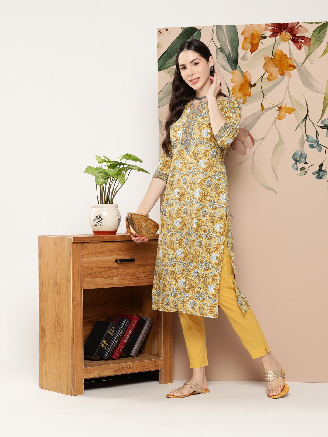 

Gerua By Libas Women Mustard Yellow Blue Ethnic Motifs Printed Kurta