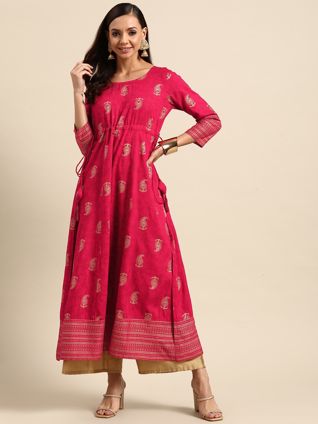 

Gerua By Libas Women Magenta Gold-Toned Kurta With Mirror Work