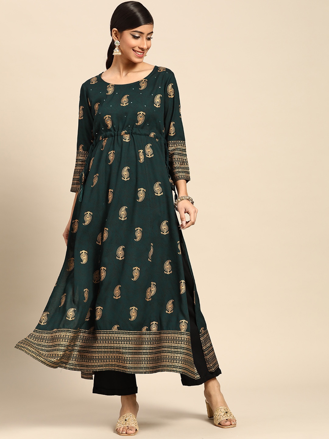 

Gerua By Libas Women Green Gold-Toned Ethnic Motifs Printed Mirror Work Kurta