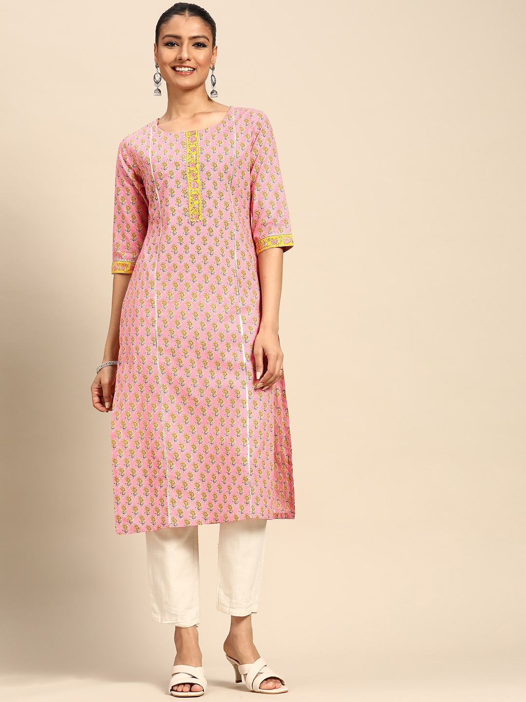 

Gerua By Libas Women Pink Yellow Ethnic Motifs Printed Gotta Patti Kurta