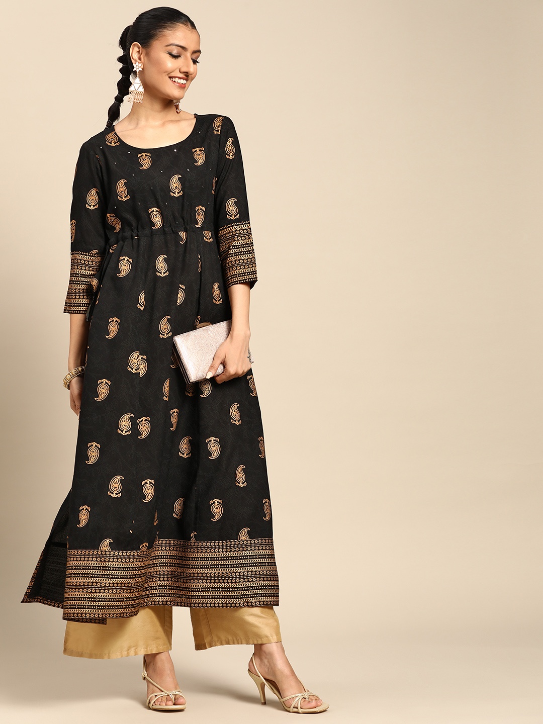 

Gerua By Libas Women Black Golden Paisley Printed Mirror Work Kurta