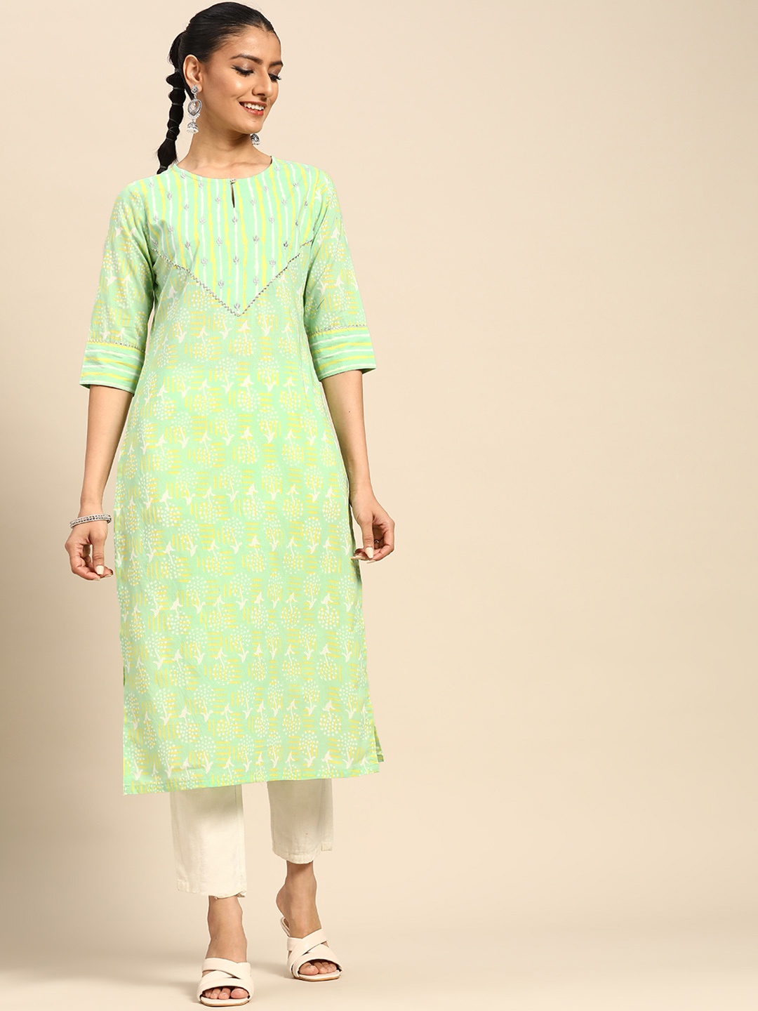 

Gerua By Libas Women Green Yellow Ethnic Motifs Printed Kurta