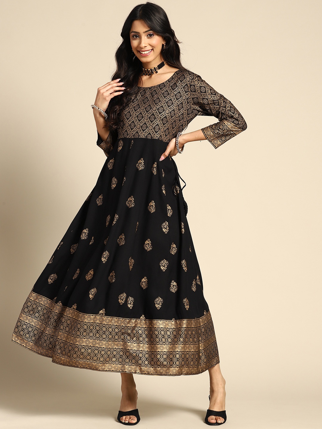 

Gerua By Libas Women Black Gold-Toned Anarkali Kurta