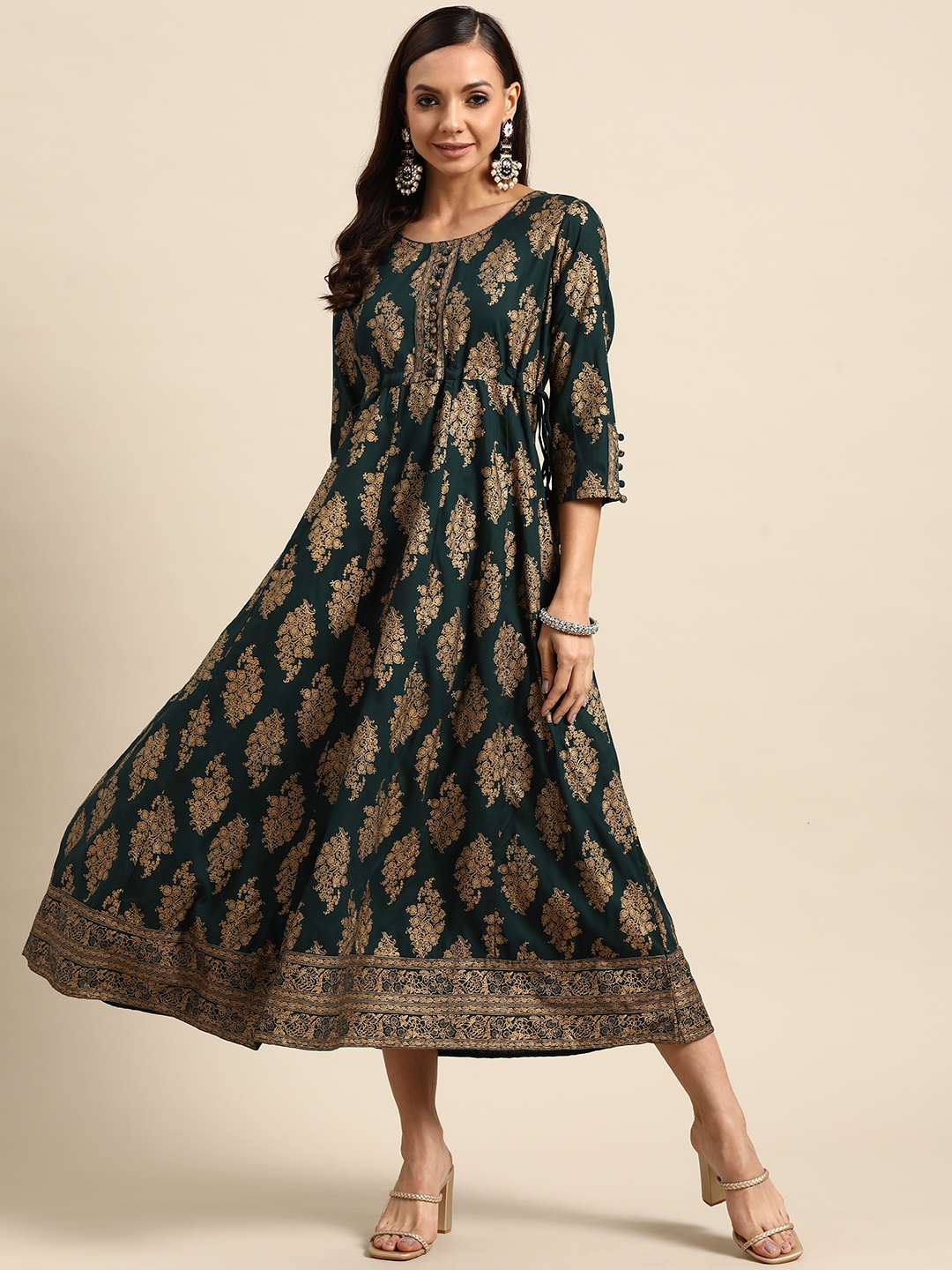 

Gerua By Libas Green Gold-Toned Ethnic Motifs Ethnic Midi Dress