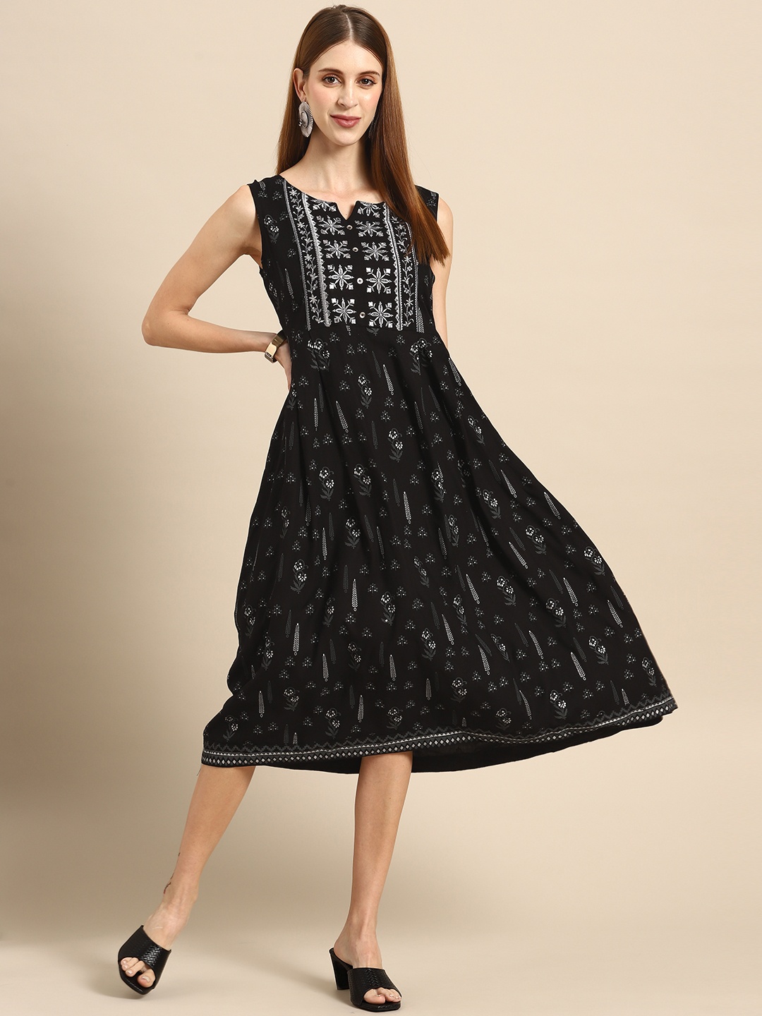 

Gerua By Libas Ethnic Motifs Embroidered Embellished A-Line Midi Ethnic Dress, Black
