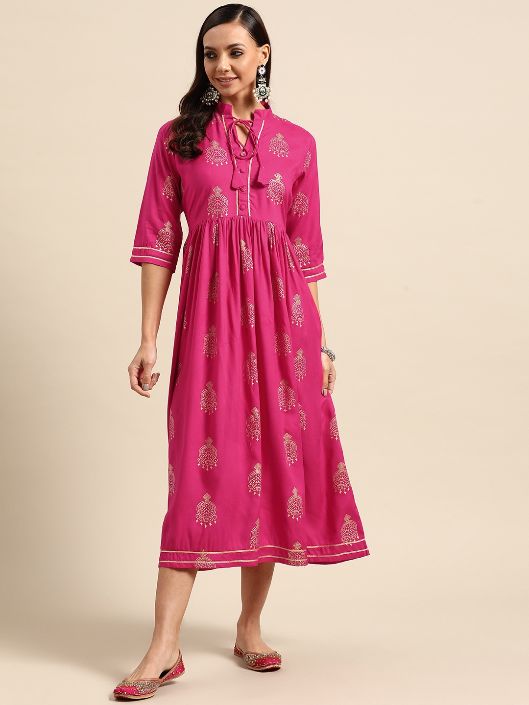

Gerua By Libas Pink Gold-Toned Ethnic Motifs Ethnic Midi Dress