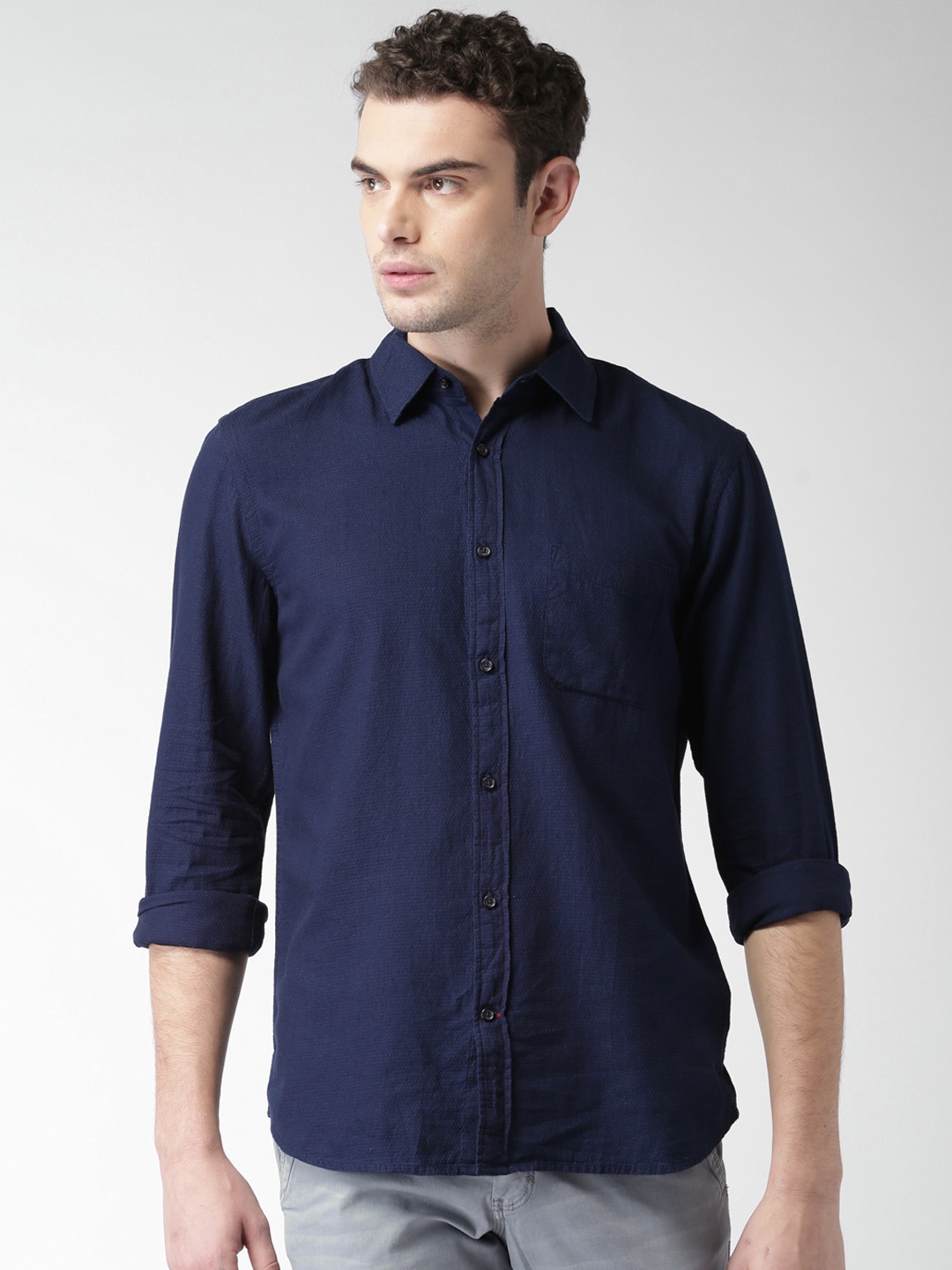 

Celio Men Navy Blue Self-Design Casual Shirt