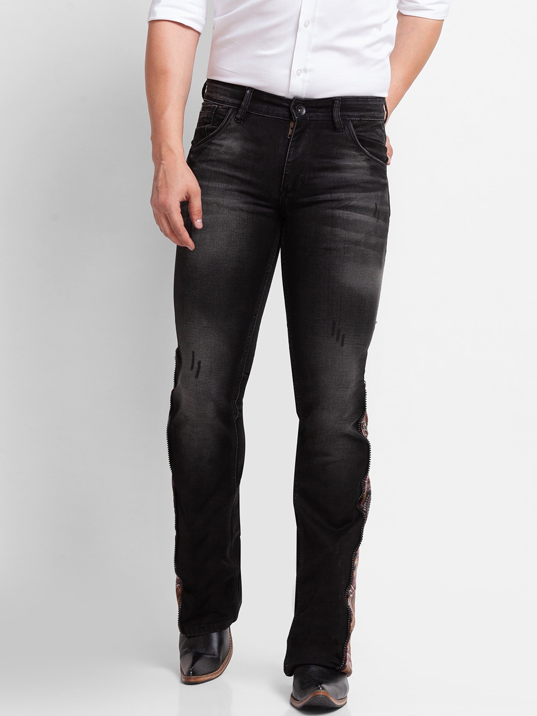 

mode de base Men Black Bootcut Low Distress Heavy Fade Stretchable Jeans