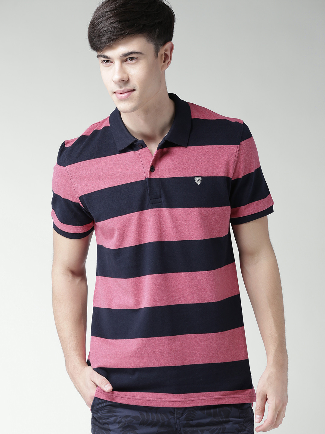 

Celio Men Pink Striped Polo Collar Pure Cotton T-shirt