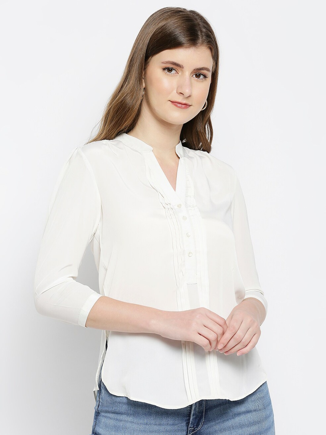 

aaliya White Mandarin Collar Shirt Style Top