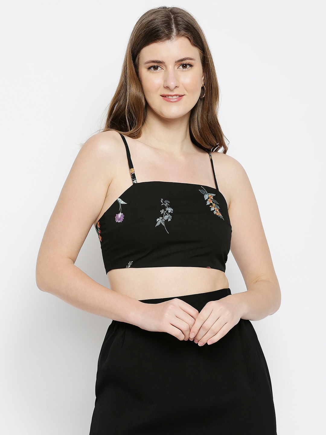 

aaliya Black Floral Embroidered Bralette Crop Top