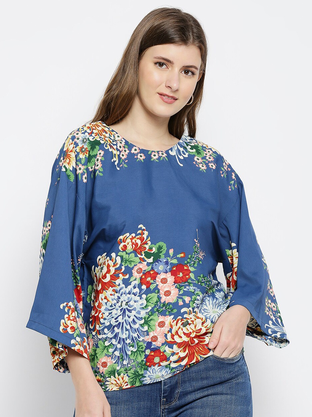 

aaliya Blue Floral Print Crepe Kaftan Top