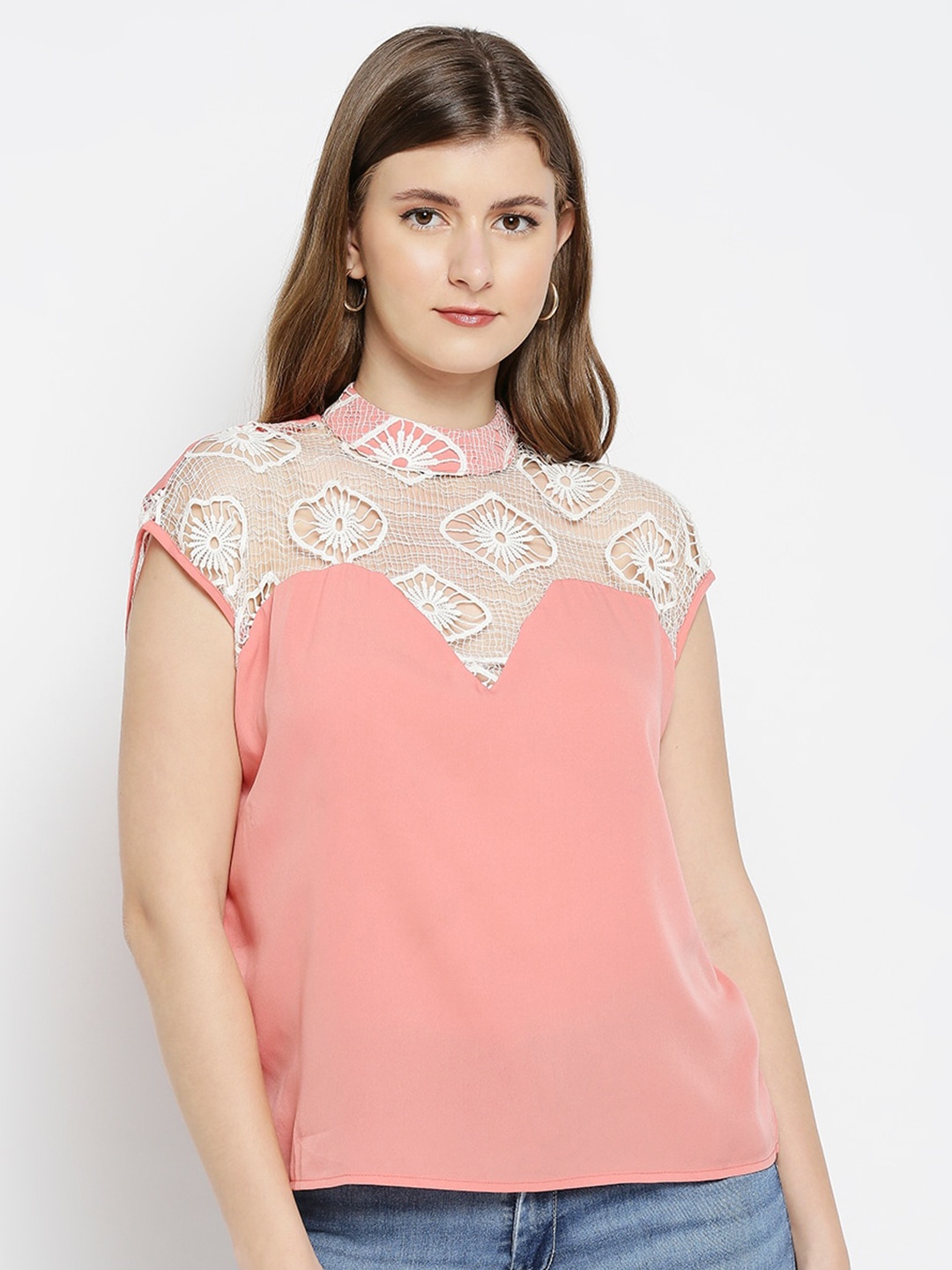 

aaliya Peach-Coloured Crepe Top With Lace Detail