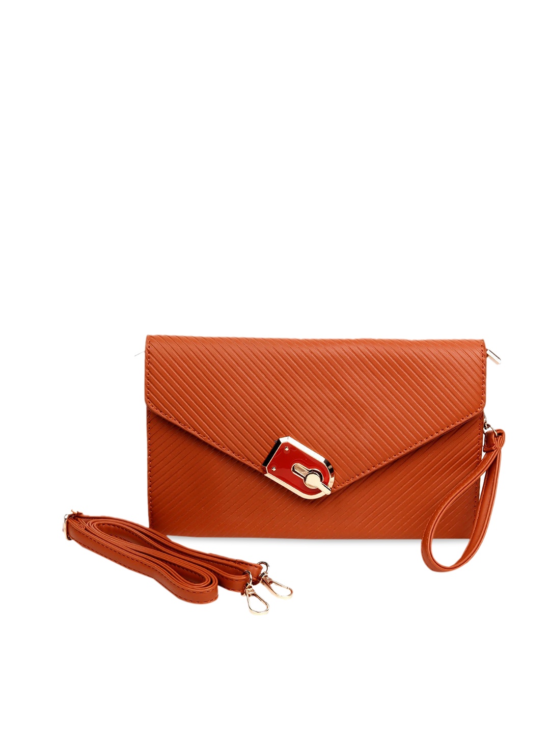 

ODETTE Brown Textured Envelope Clutch With Sling Strap