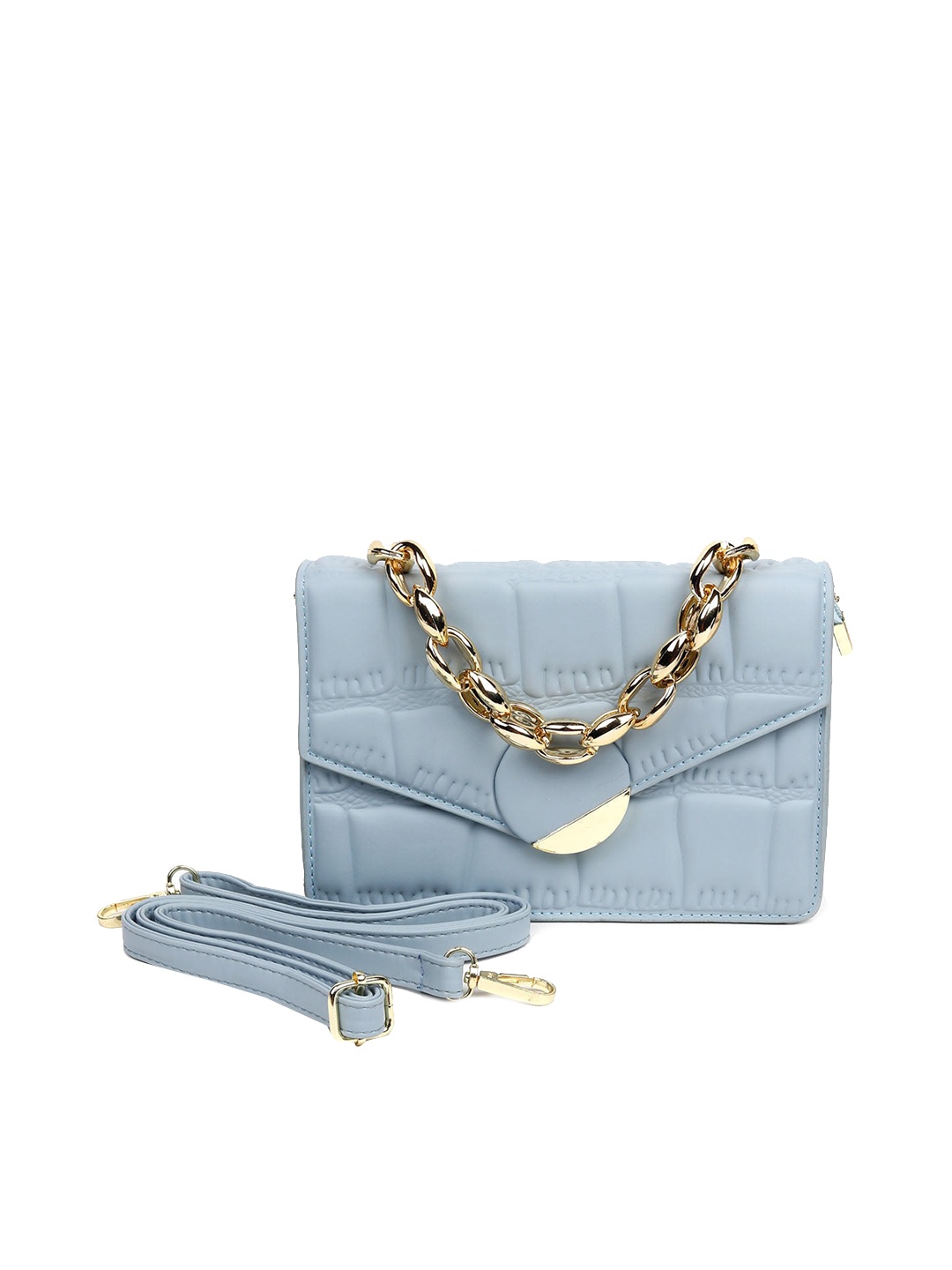 

ODETTE Blue Textured Structured Sling Bag with Applique