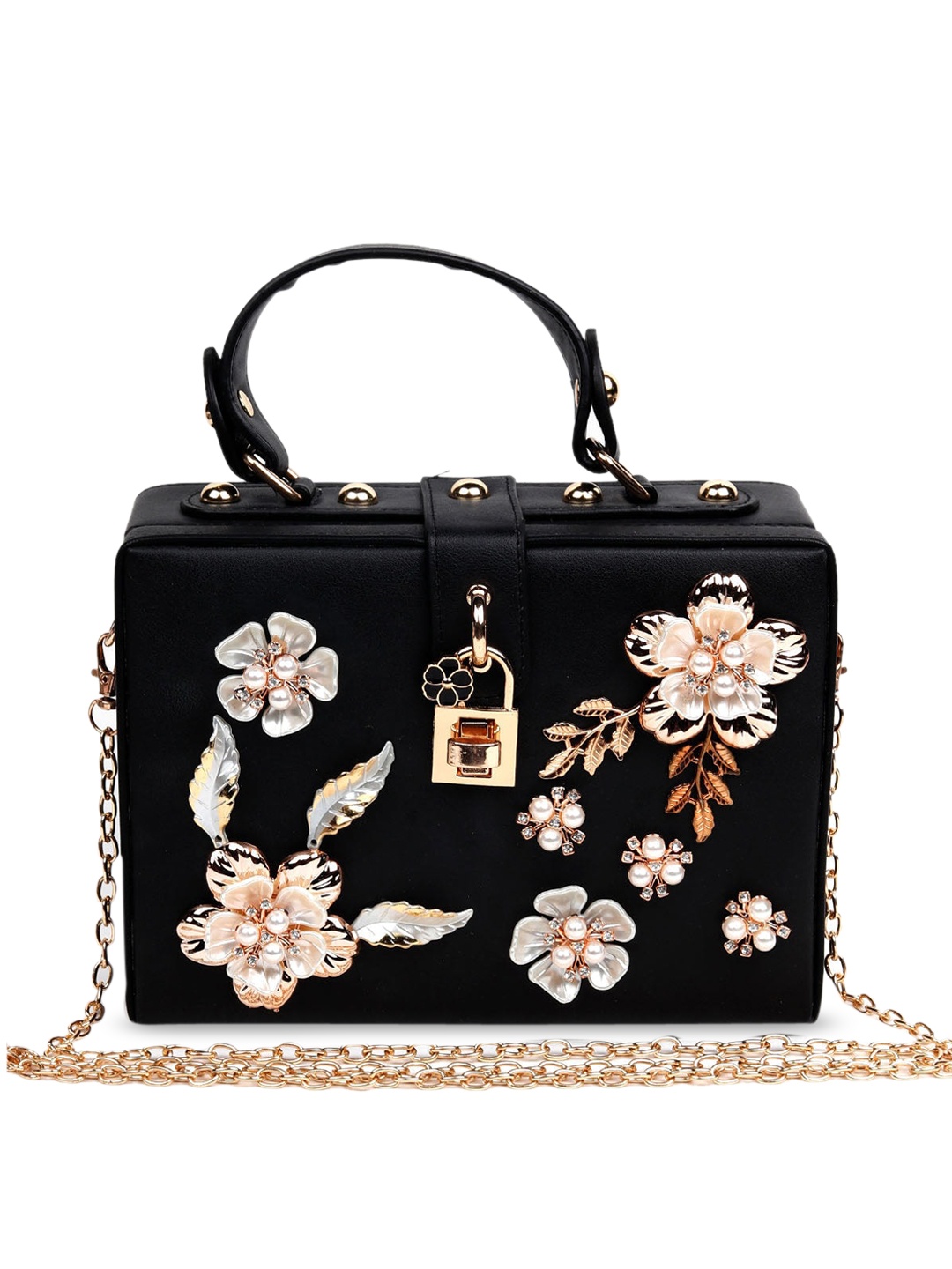 

ODETTE Black Embellished Structured Handheld Bag with Applique
