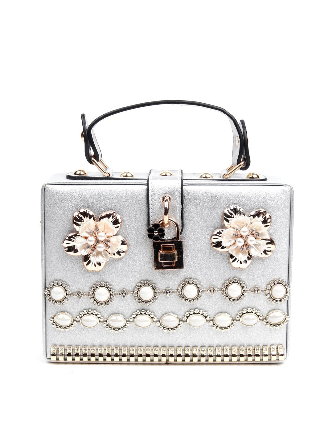 

ODETTE Women Silver-Toned Embellished Structured Handheld Bag