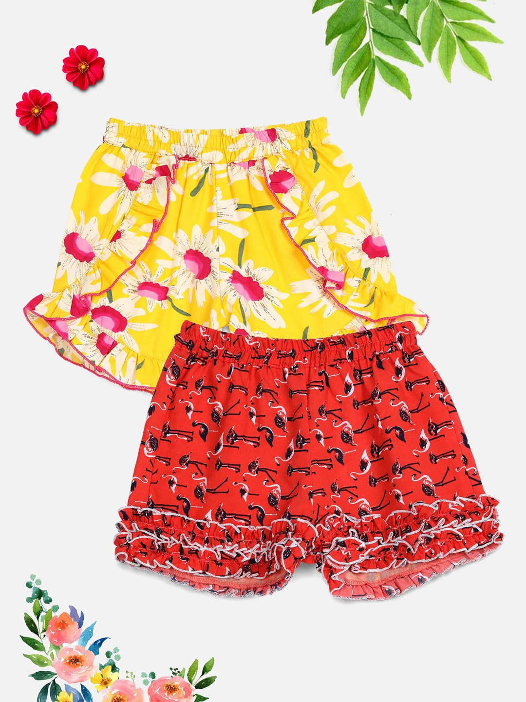 

Cutiekins Girls Pack of 2 Yellow & Red Floral Printed Shorts