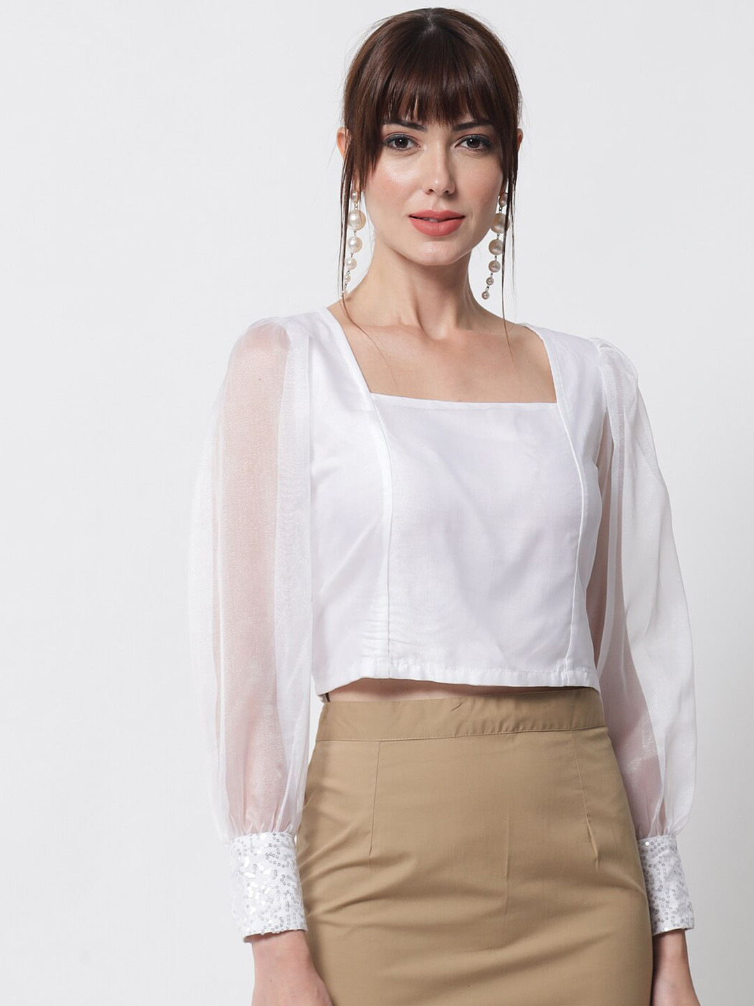 

studio rasa White Sheen Sequined Cuff Crop Top