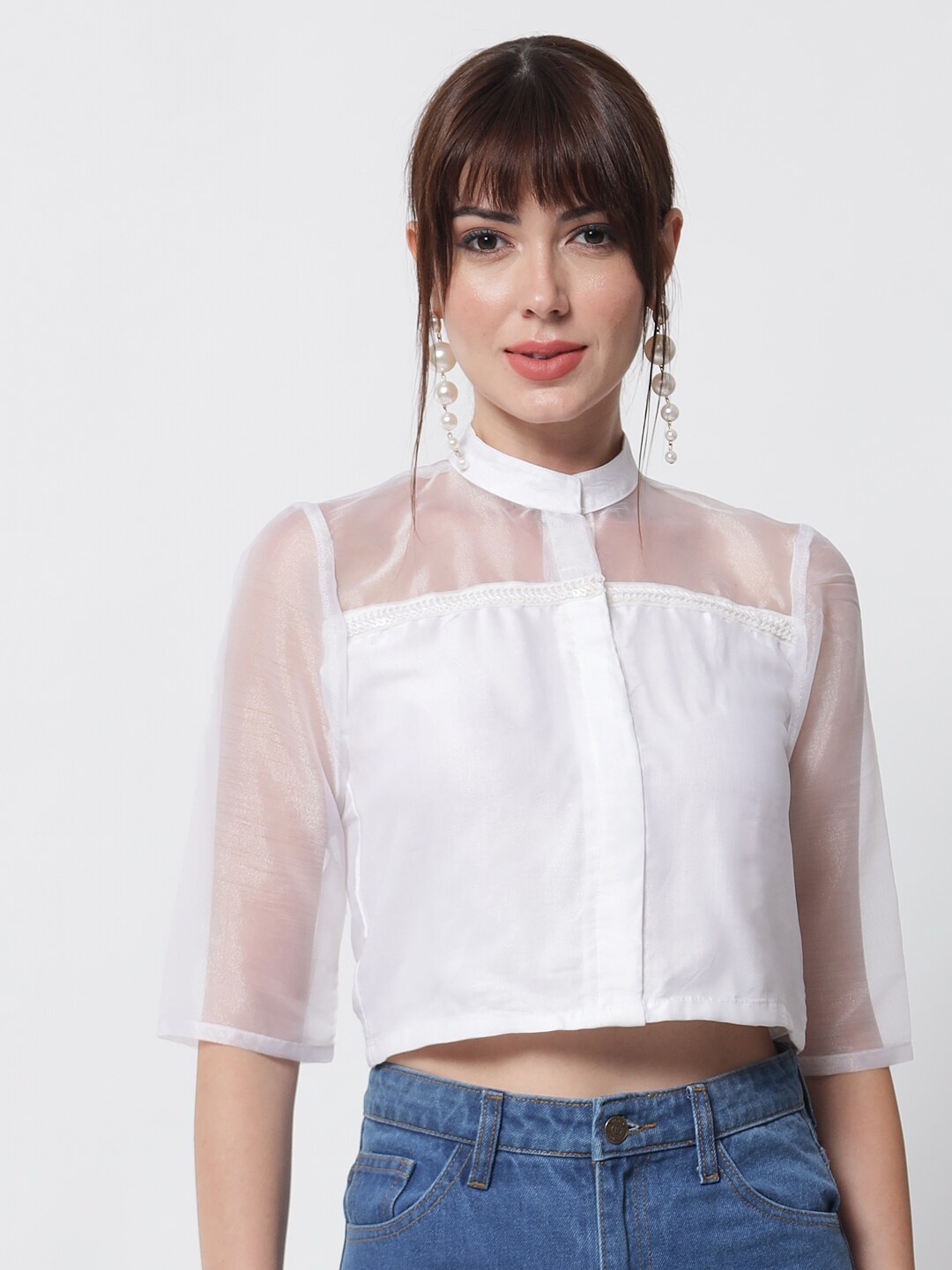 

studio rasa White Organza Sheen Boxy Crop Top