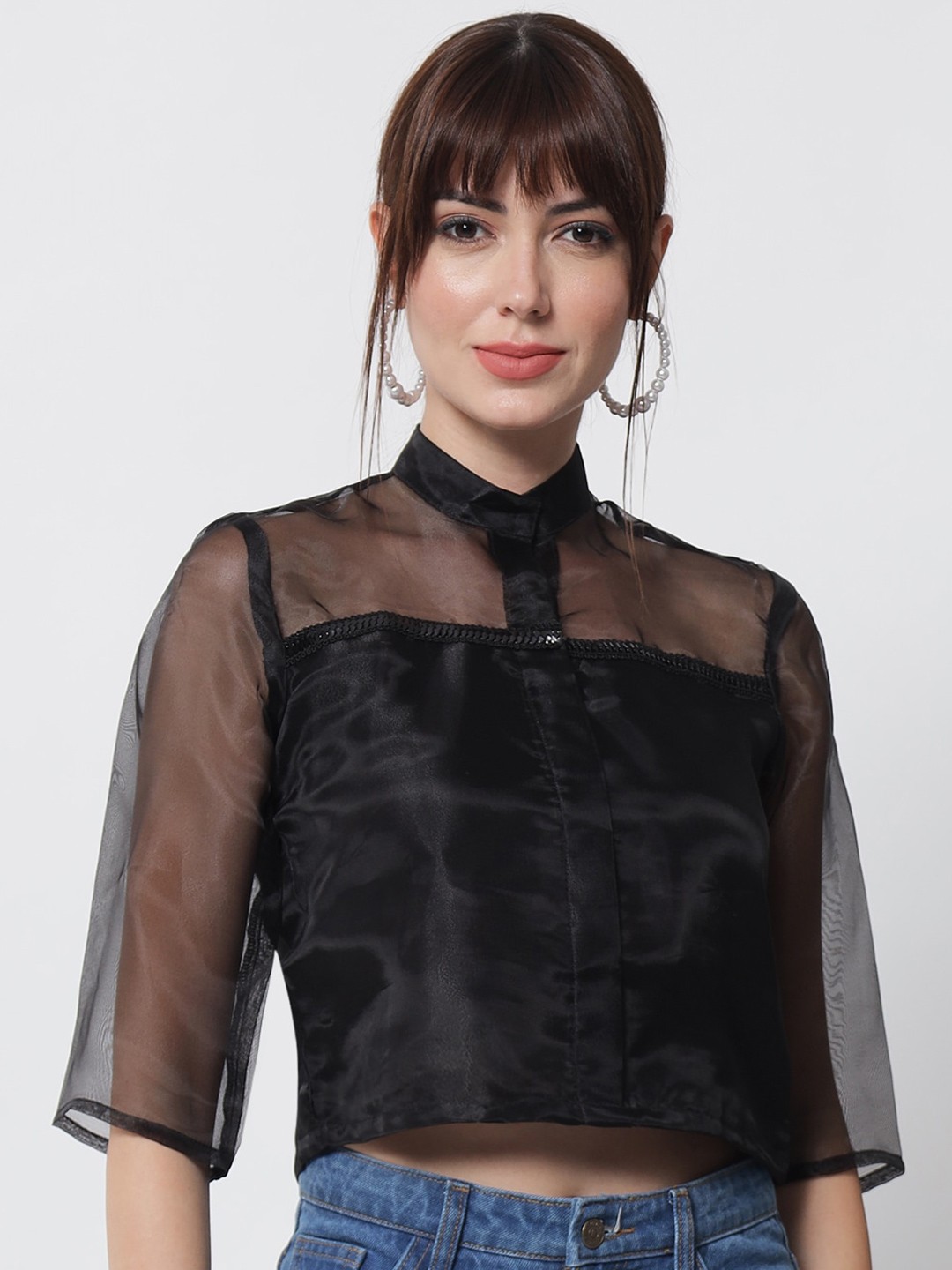 

studio rasa Women Black Solid Sheen Crop Top