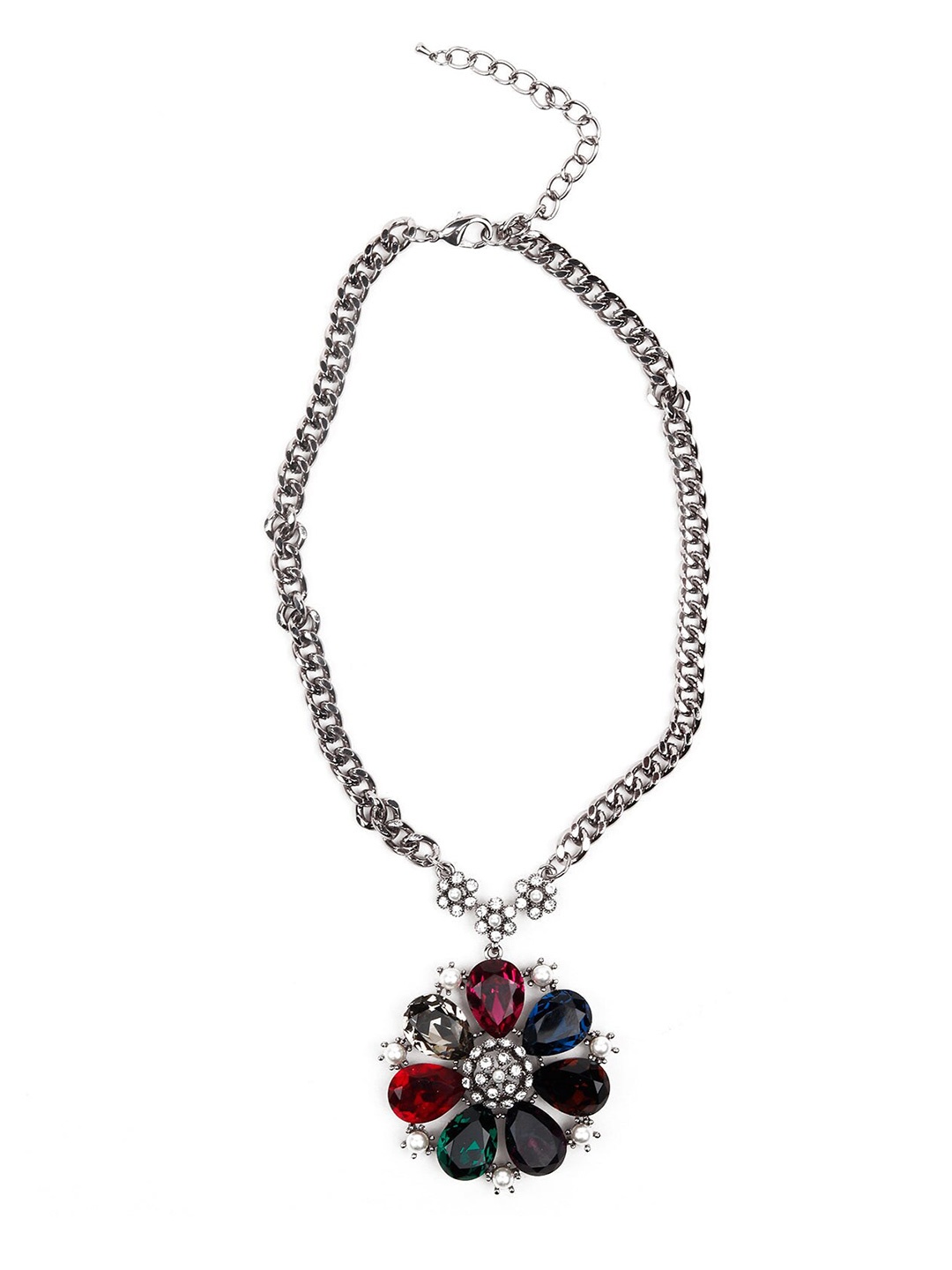 

ODETTE Silver-Toned & Red Stone Studded Necklace