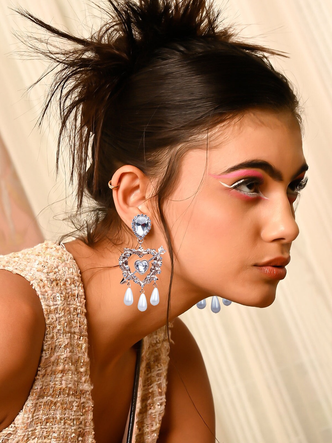 

ODETTE Gold-Toned Crystal Studded And Pearls Classic Drop Earrings