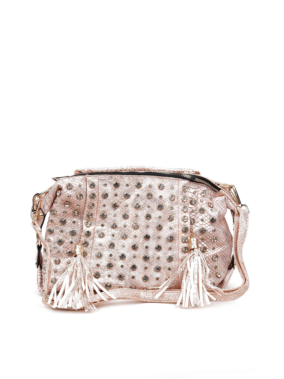 

ODETTE Pink Embellished Structured Sling Bag with Tasselled