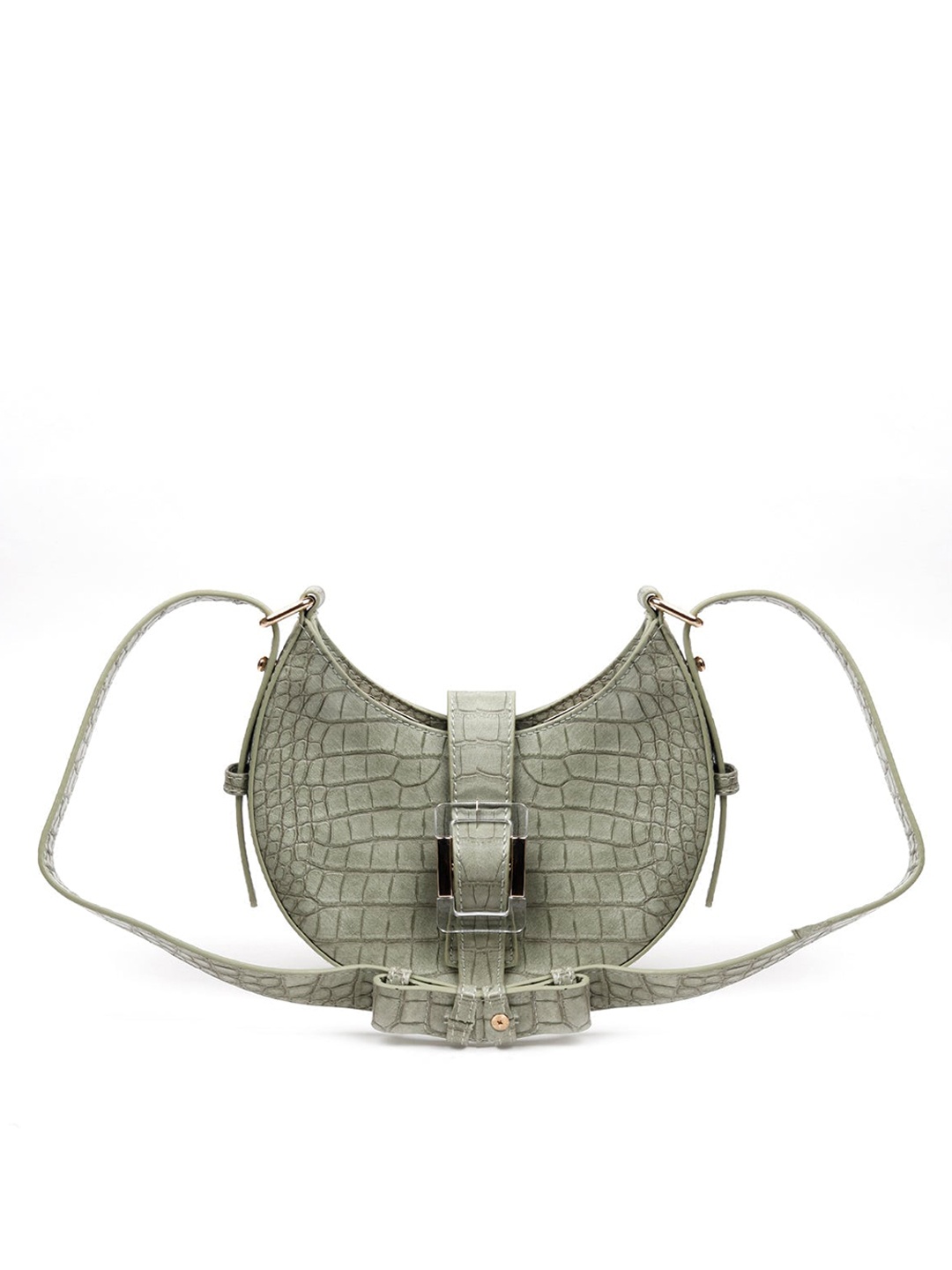 

ODETTE Olive Green Textured Leather Half Moon Sling Bag