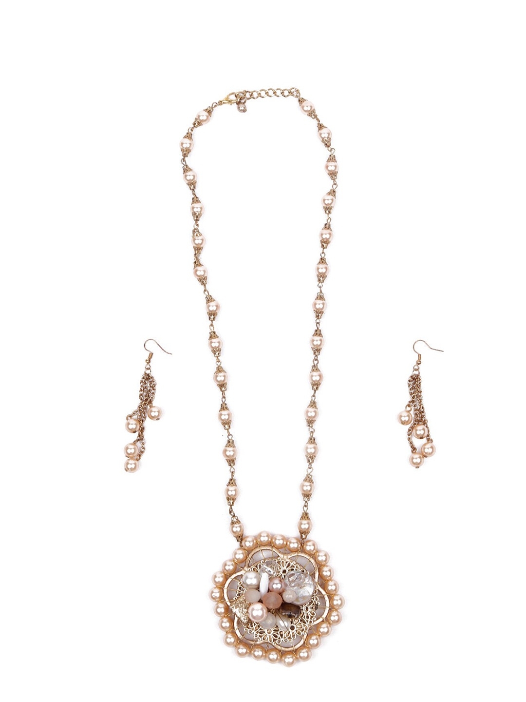 

ODETTE Gold-Toned White Stone-Studded & Beaded Jewellery Set