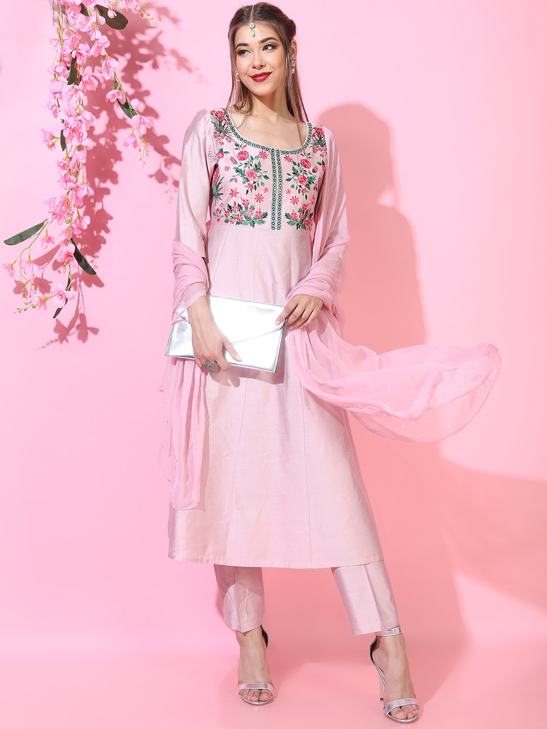 

Vishudh Women Floral Viscose Rayon Kurta with Palazzo & Dupatta, Pink