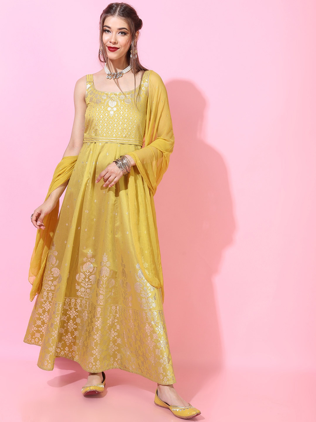 

Vishudh Yellow & Gold-Toned Ethnic Motifs Maxi Dress With Dupatta