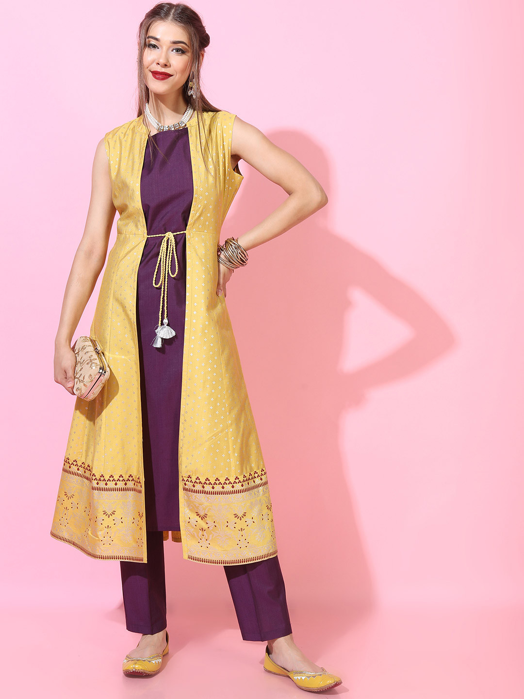 

Vishudh Women Solid Kurta with Palazzo & Jacket, Yellow