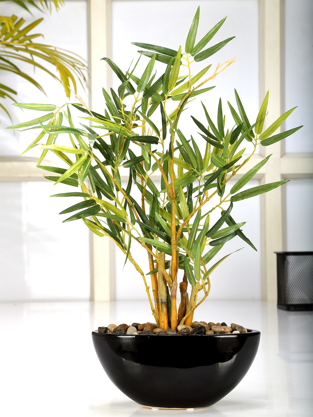 

Fourwalls Green & Yellow Artificial Bamboo Bonsai Plant With Ceramic Pot, Black