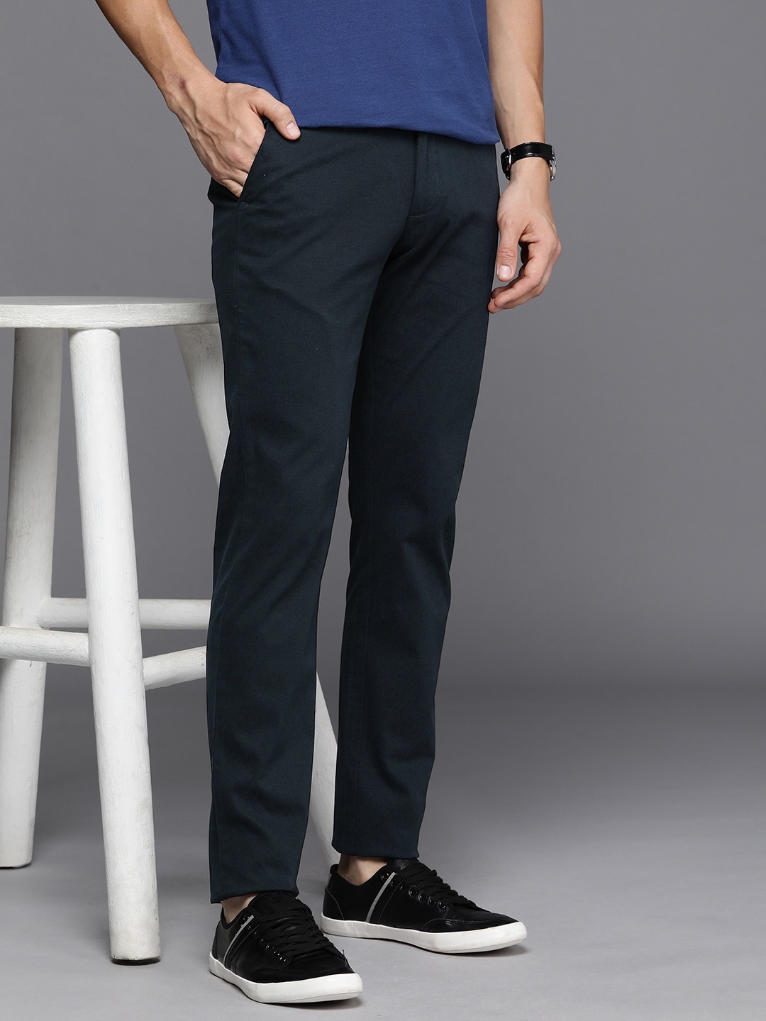 

Allen Solly Men Textured Slim Fit Flat Front Smart Casual Trousers, Navy blue