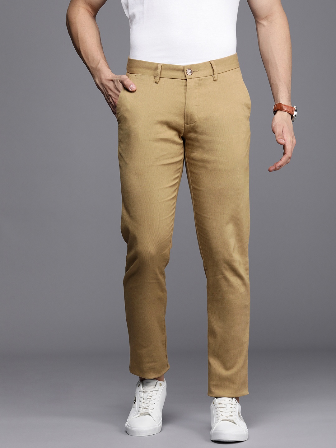 

Allen Solly Men Textured Slim Fit Trousers, Khaki