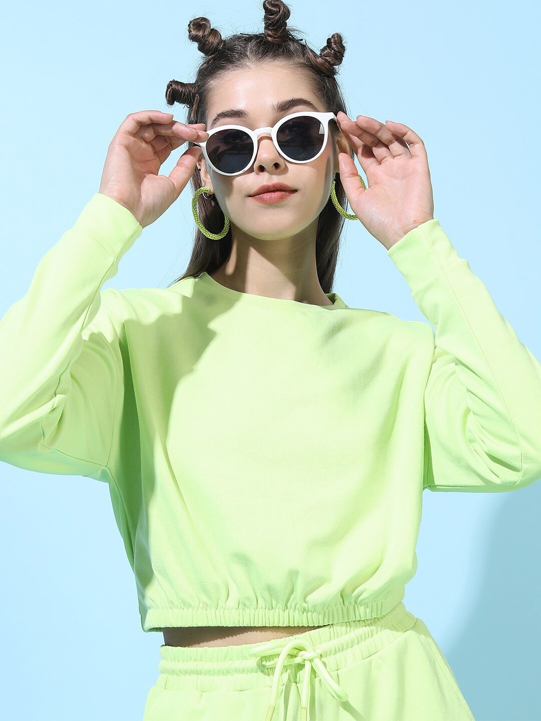 

Tokyo Talkies Green Extended Sleeves Blouson Crop Top