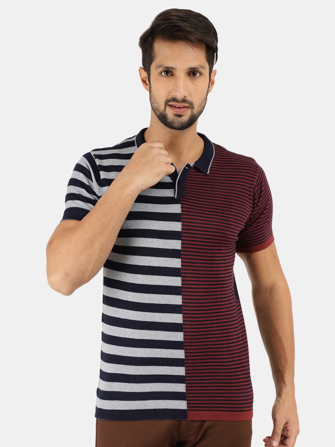 

V-Mart Men Maroon & Blue Striped Polo Collar Slim Fit T-shirt
