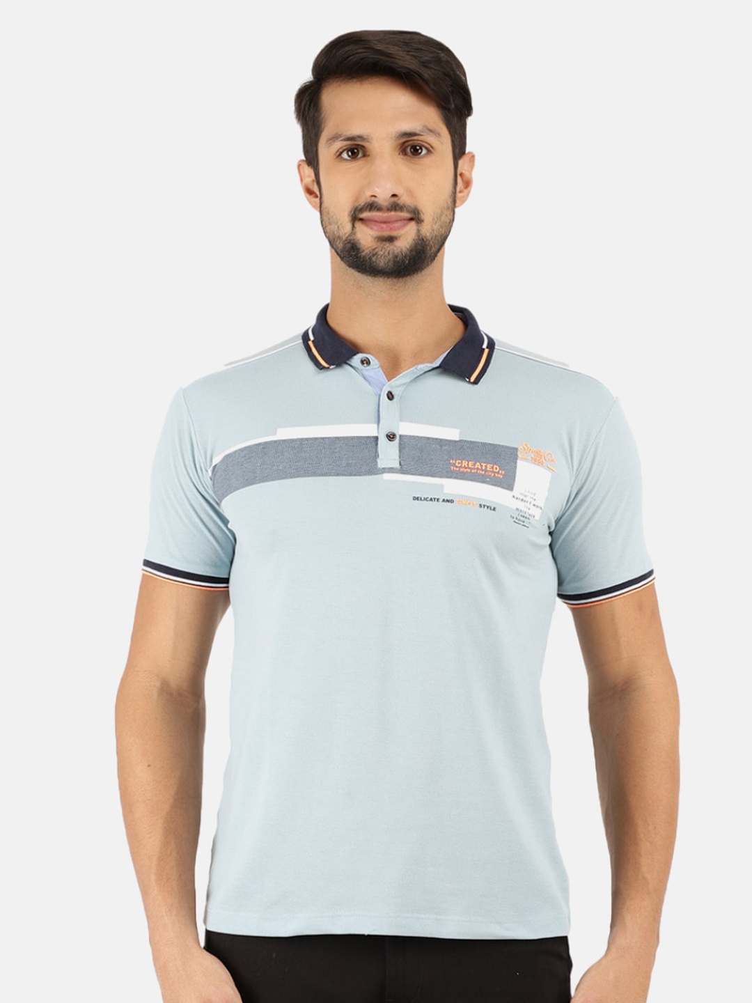 

V-Mart Men Blue Printed Polo Collar Slim Fit T-shirt