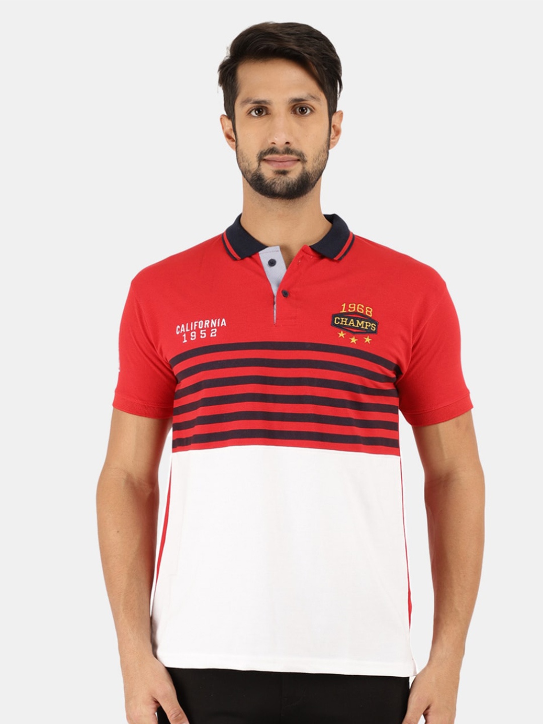 

V-Mart Men Red & White Cotton Striped Polo Collar Applique T-shirt