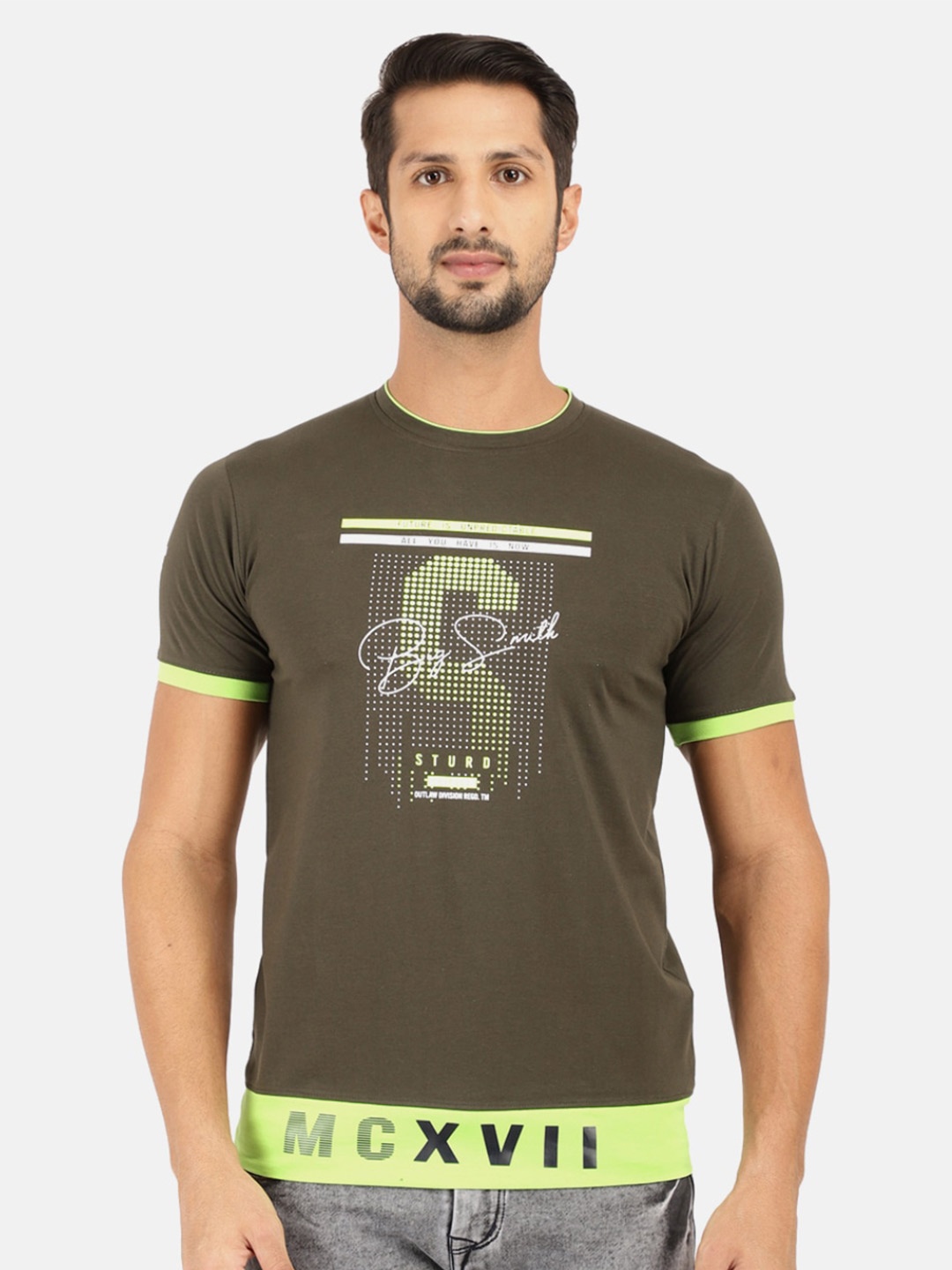 

V-Mart Men Olive Green & Green Typography Printed Slim Fit T-shirt