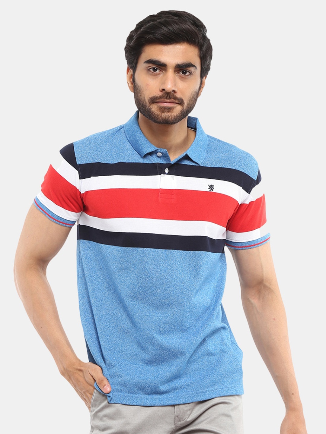 

V-Mart Men Blue & Red Striped Polo Collar T-shirt