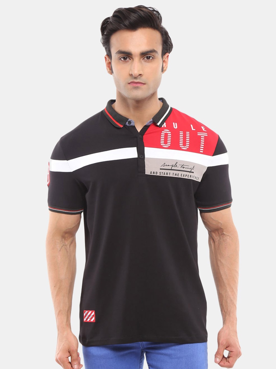 

V-Mart Men Black & Red Typography Colourblocked Polo Collar Slim Fit T-shirt