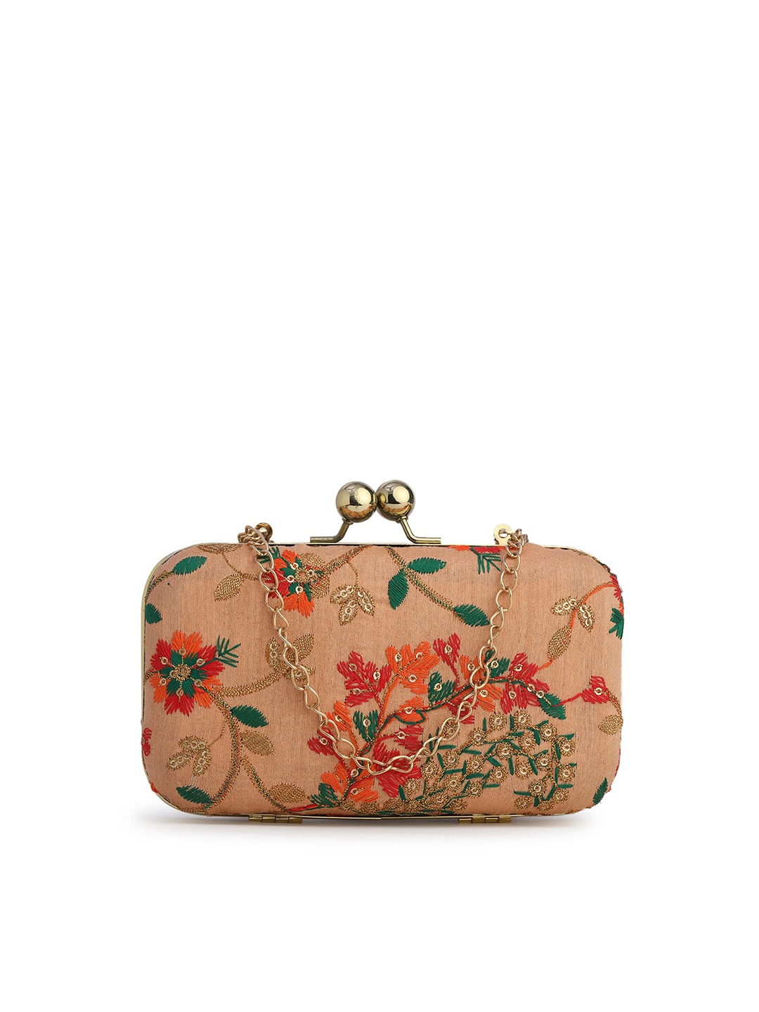 

gaura pakhi Peach-Coloured & Green Embroidered Box Clutch